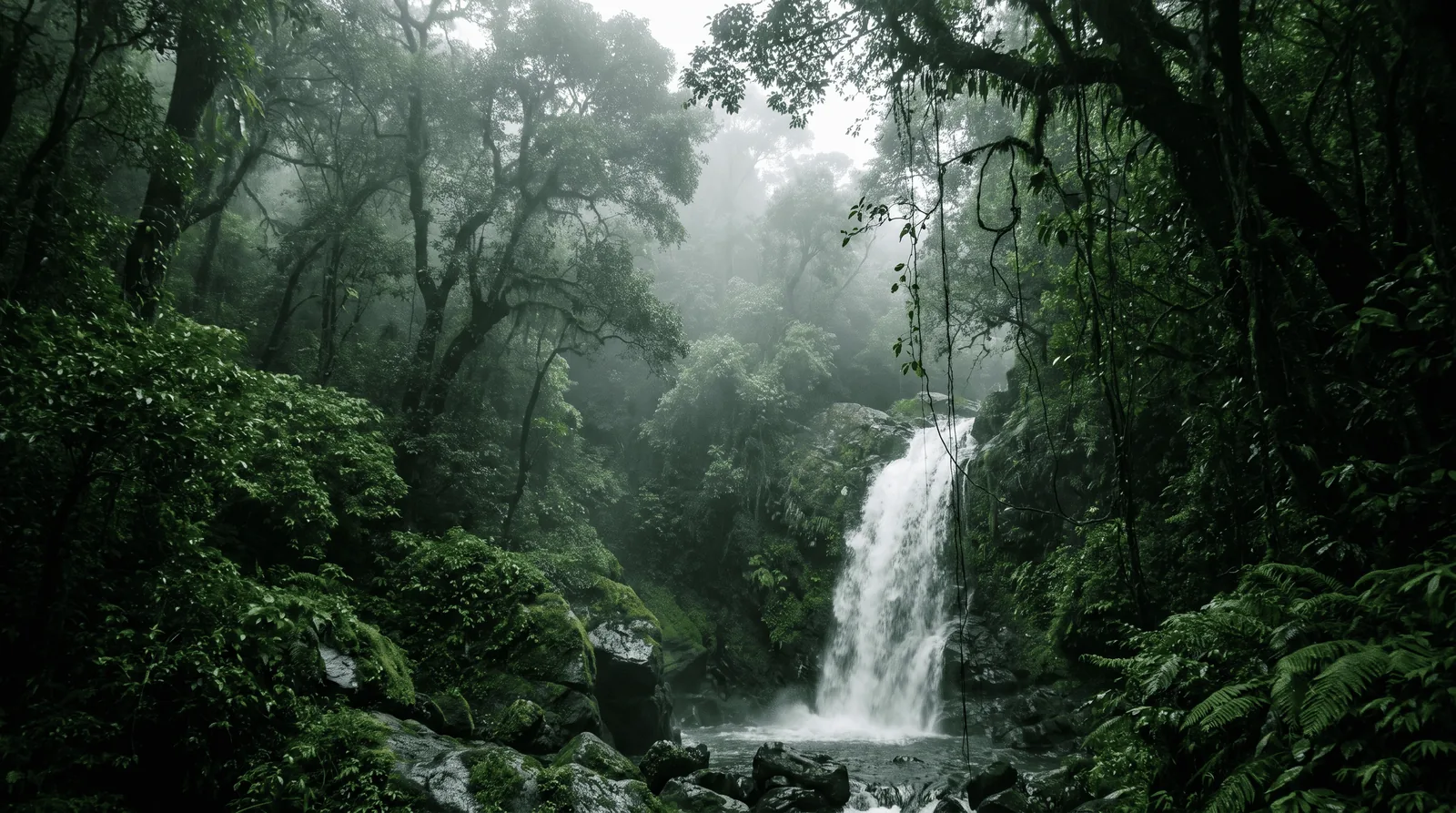Misty rainforest and waterfall in post-monsoon Agumbe