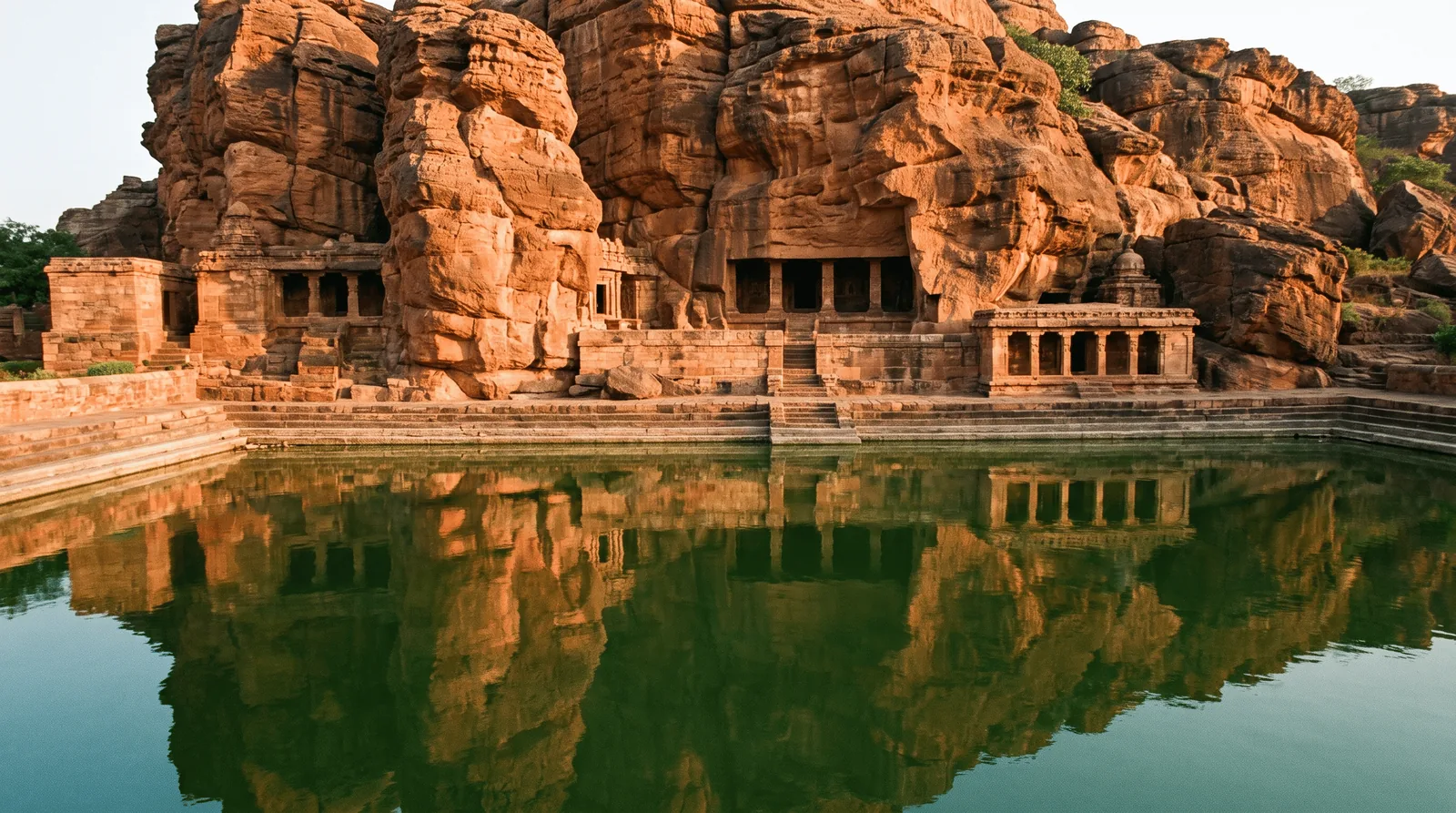 Red sandstone cave temples above the tank at Badami in evening light