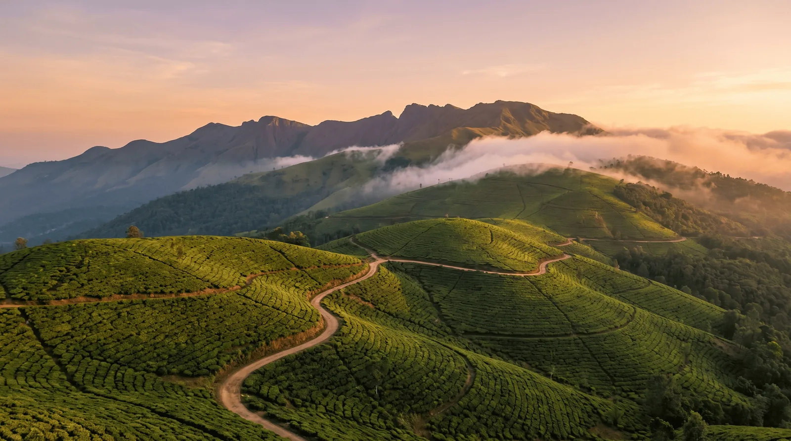 Coffee hills of Chikmagalur with Mullayanagiri ridge at golden hour