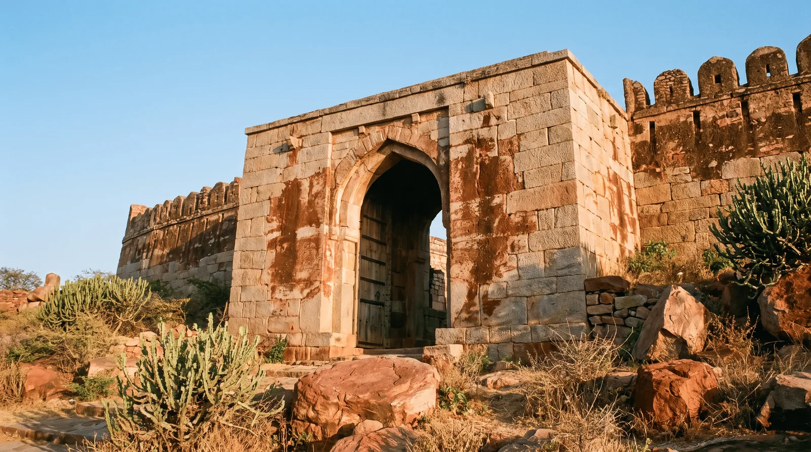 The arched stone gateway and ramparts of Gandikota fort
