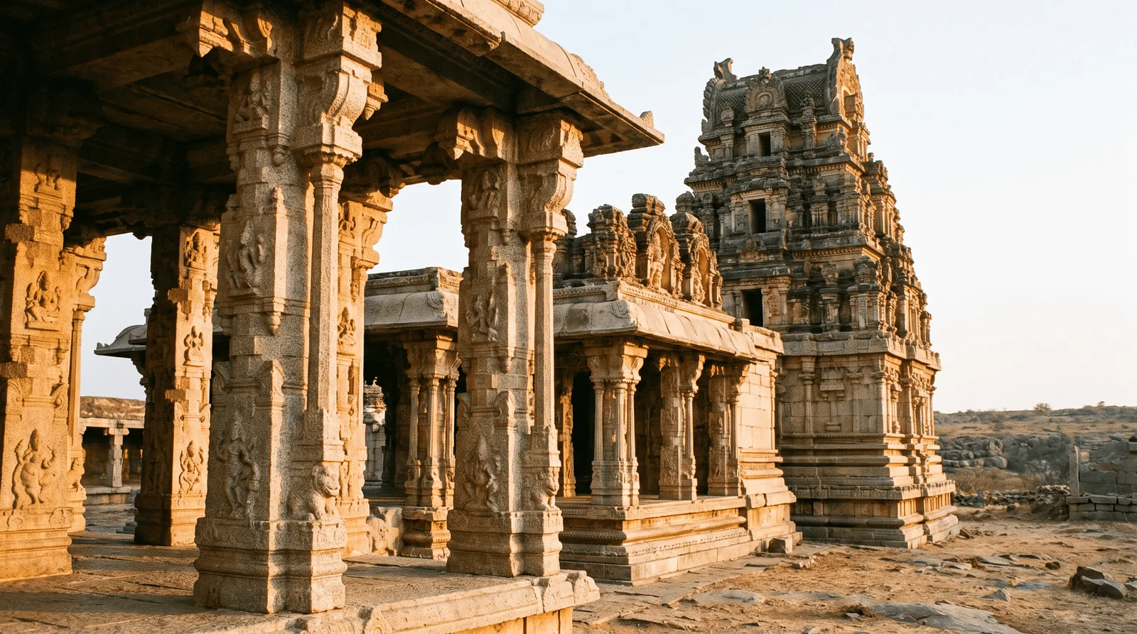 Carved stone pillars and gopuram of the Madhavaraya Temple inside Gandikota fort