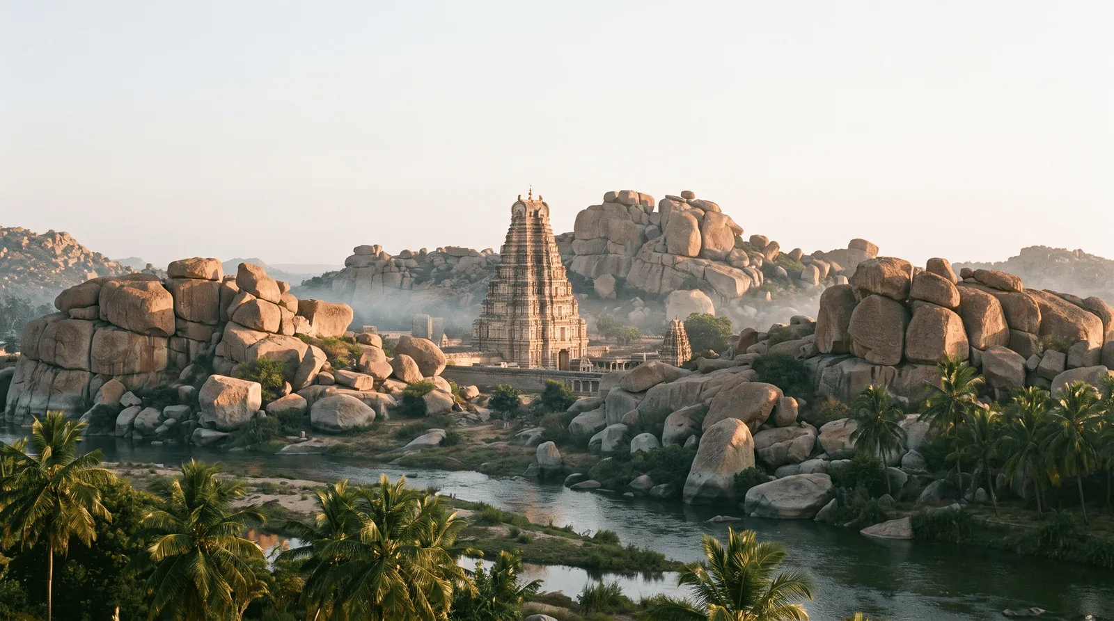 Sunrise over the boulder ruins and temple gopuram of Hampi