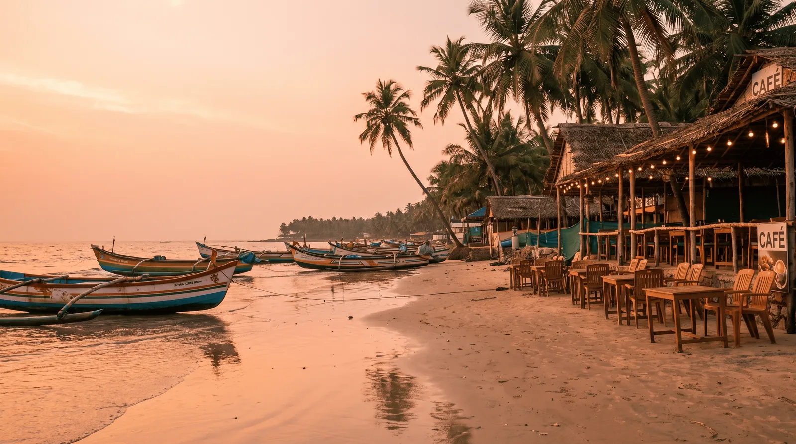 Golden-hour fishing boats and calm sea at Malpe beach near Udupi